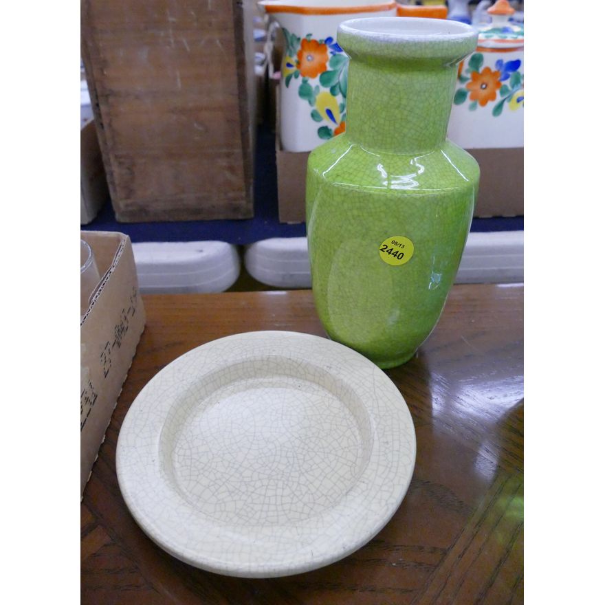 2pc Asian Crackle Glaze Vase & Dish- 6'' to 8''