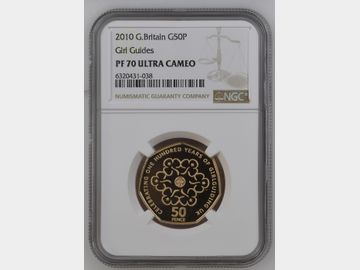 2010 ELIZABETH II 'GIRL GUIDING' PROOF GOLD 50 PENCE PF70 UCAM TOP POP!