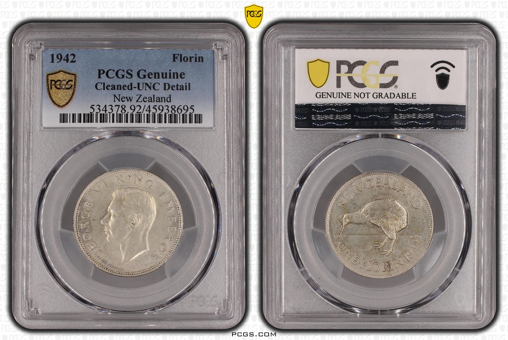 1942 New Zealand Florin Silver PCGS - Genuine - UNC Details (92 - Cleaned) -695