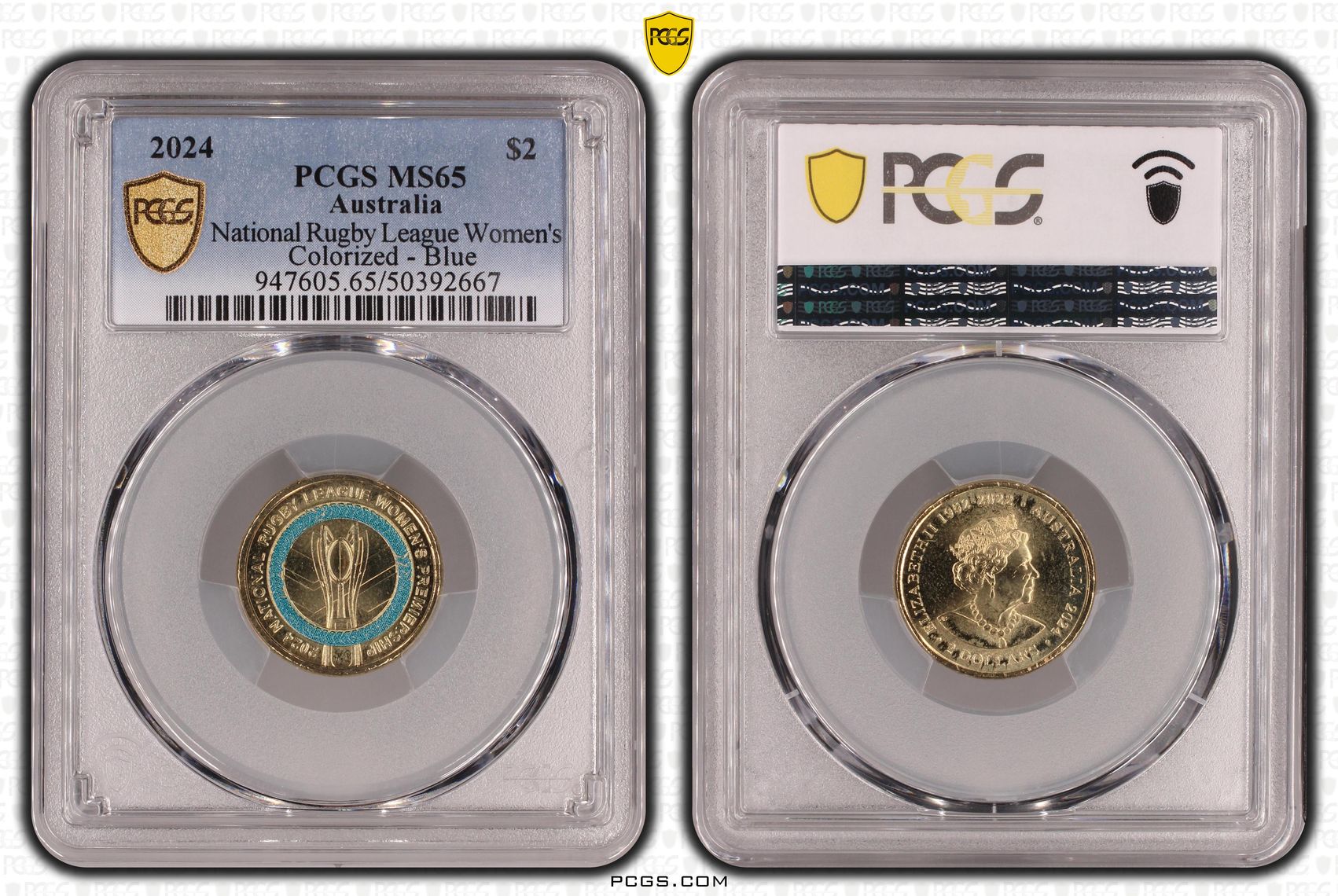 Elizabeth II, National Rugby League Women's Colorized - Blue , Two Dollar, 2024, PCGS MS65