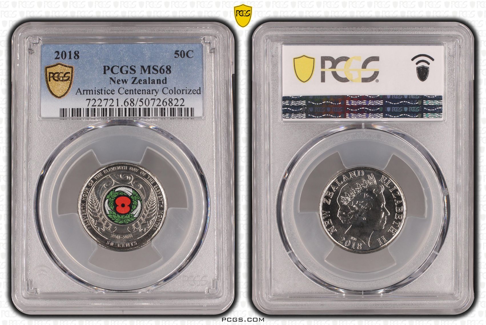 233 · New Zealand, Armistice Centenary Colorized, Fifty Cent, 2018, PCGS MS68