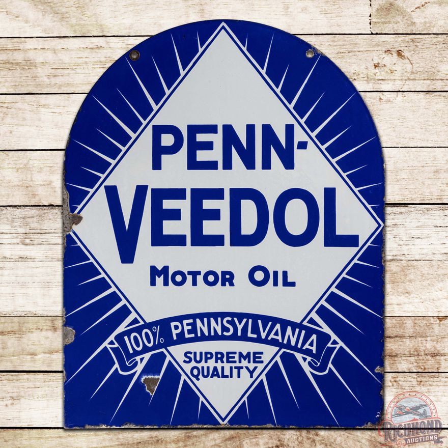Penn Veedol Motor Oil "100% Pennsylvania" Double Sided Porcelain Tombstone Sign