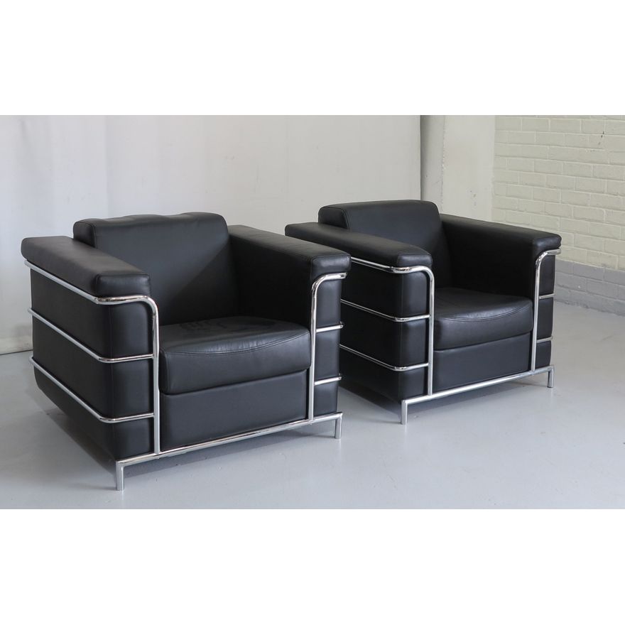 PAIR OF LE CORBUSIER STYLE UPHOLSTERED CHROME ARMCHAIRS