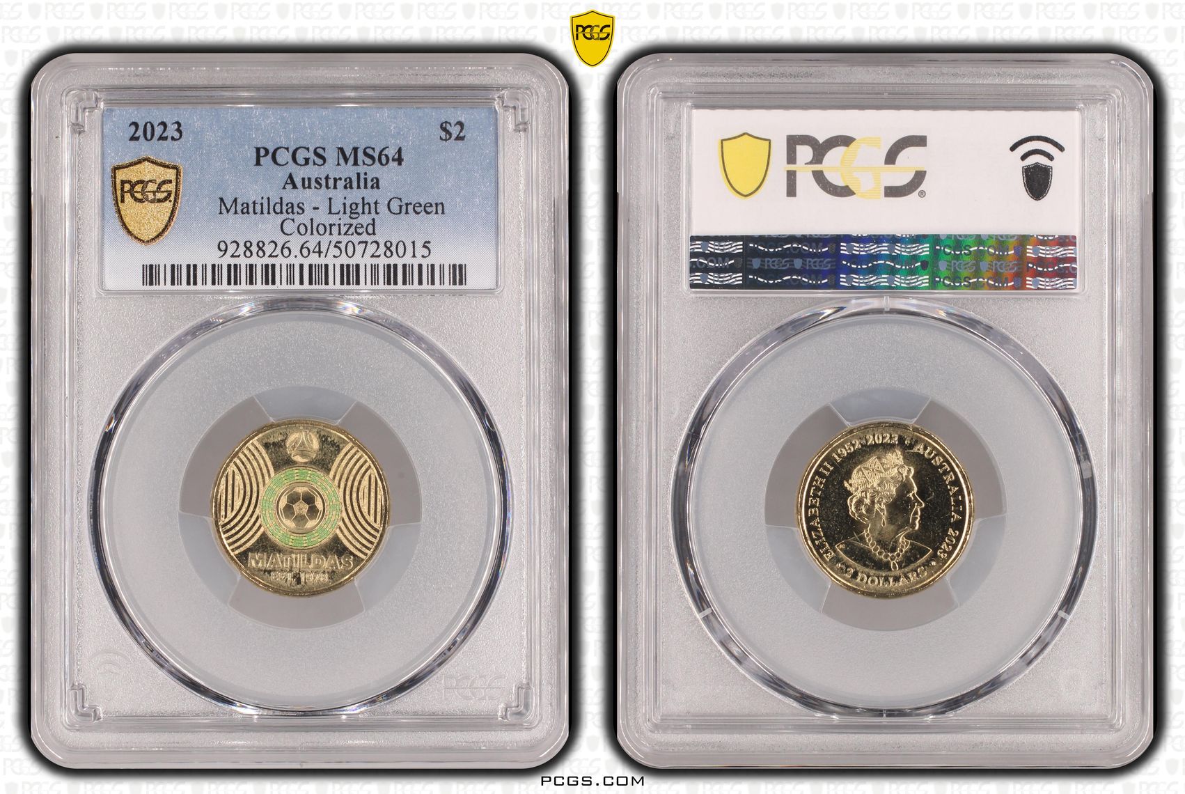 Matildas - Light Green Colorized , Two Dollar, 2023, PCGS MS64