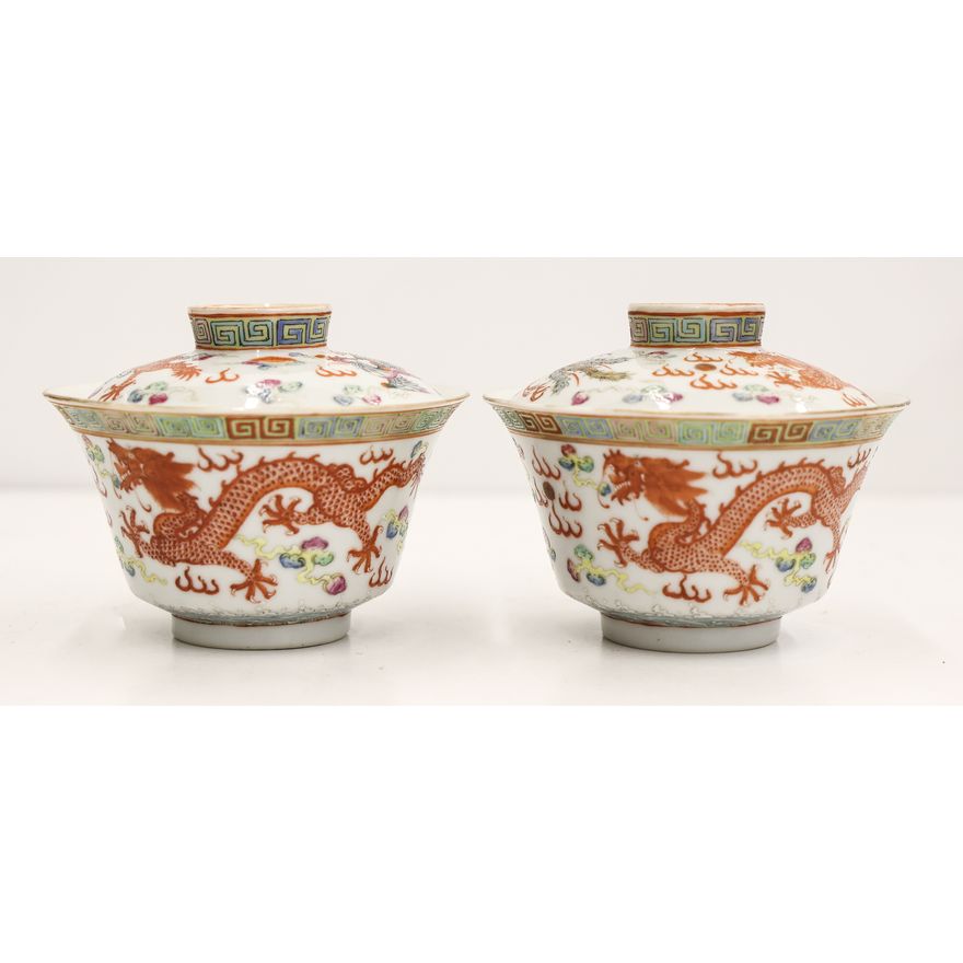 Pair Chinese Xian Shi Dragon Porcelain Gaiwan
