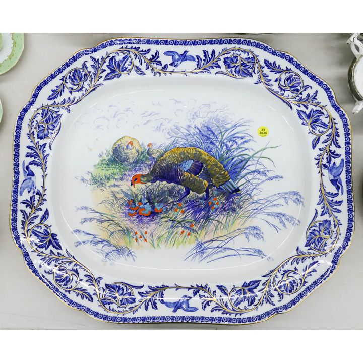 Antique Cauldon Flow Blue Turkey Serving Platter- 21''
