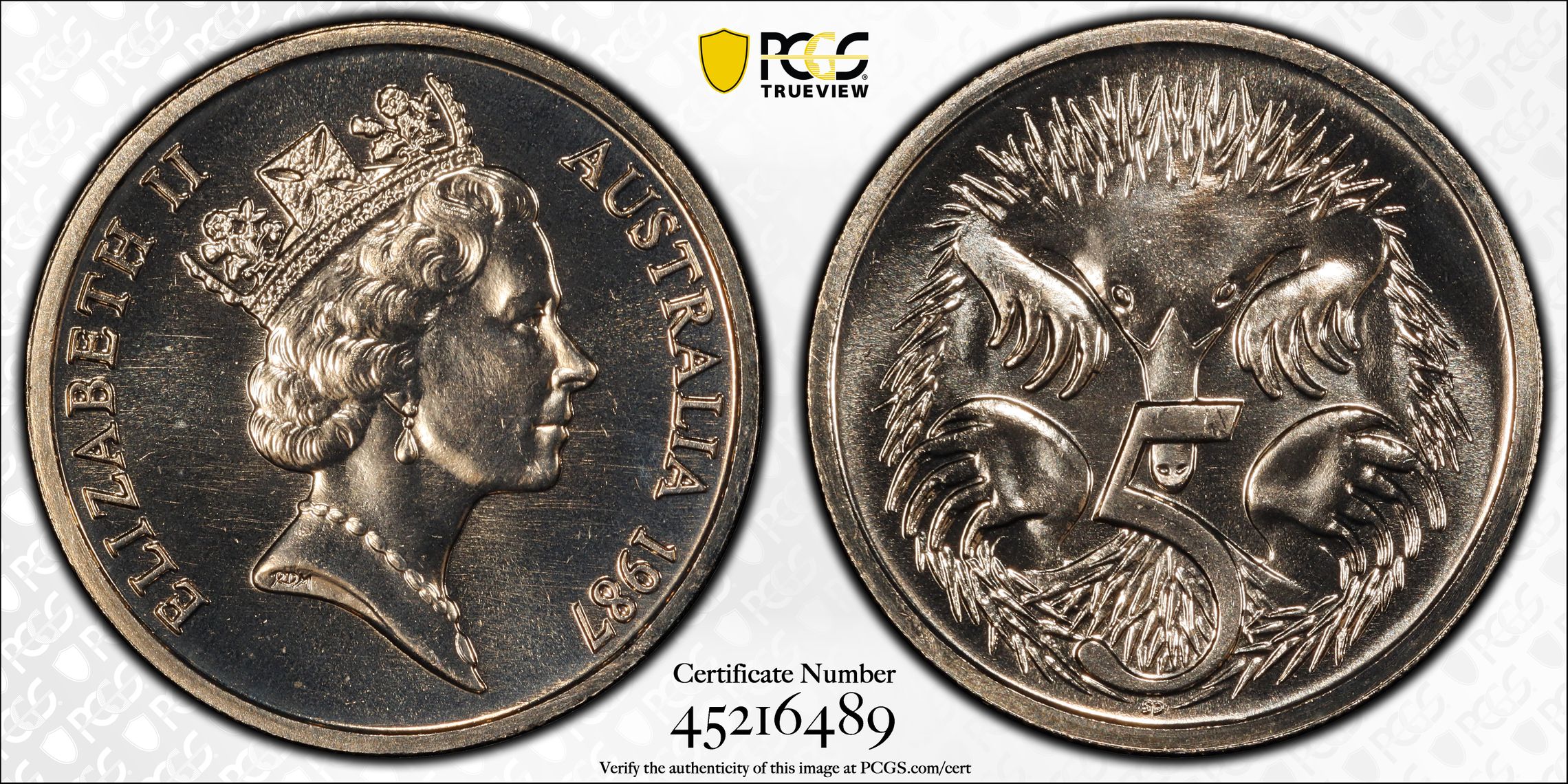 1987 Australia Five Cent, 5c Low Echidna PCGS - MS69 POP 5/0 -489