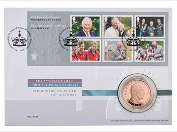 2018 Queen Elizabeth II Gold 'Prince Charles' Gold Five Pound With Stamps.