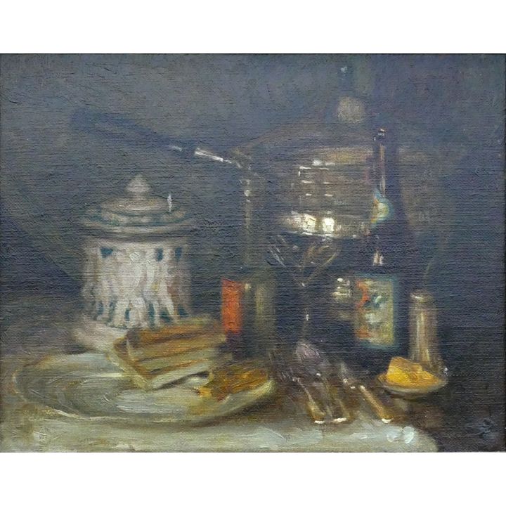 Antique ''Table Still Life'' Oil on Burlap Framed 24''x28''