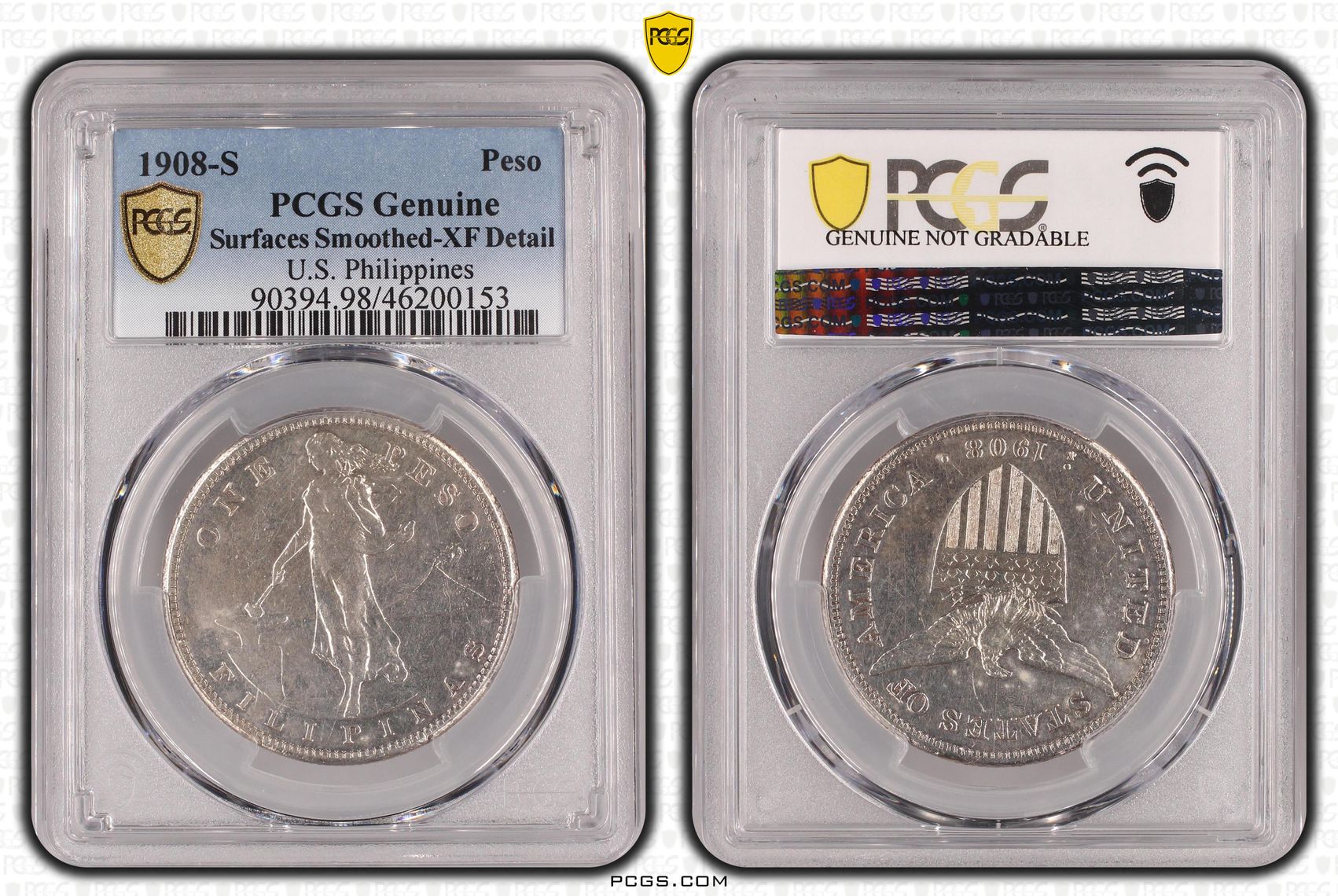 U.S. Philippines, Peso, 1908-S, PCGS Genuine - XF Details (98 - Damage)