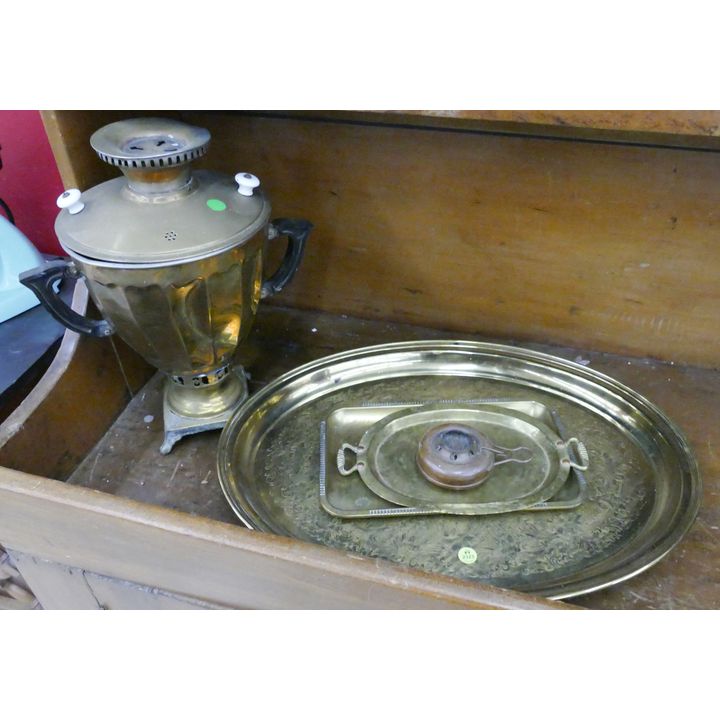 5pc Old Brass Trays and Samovar- largest 22''
