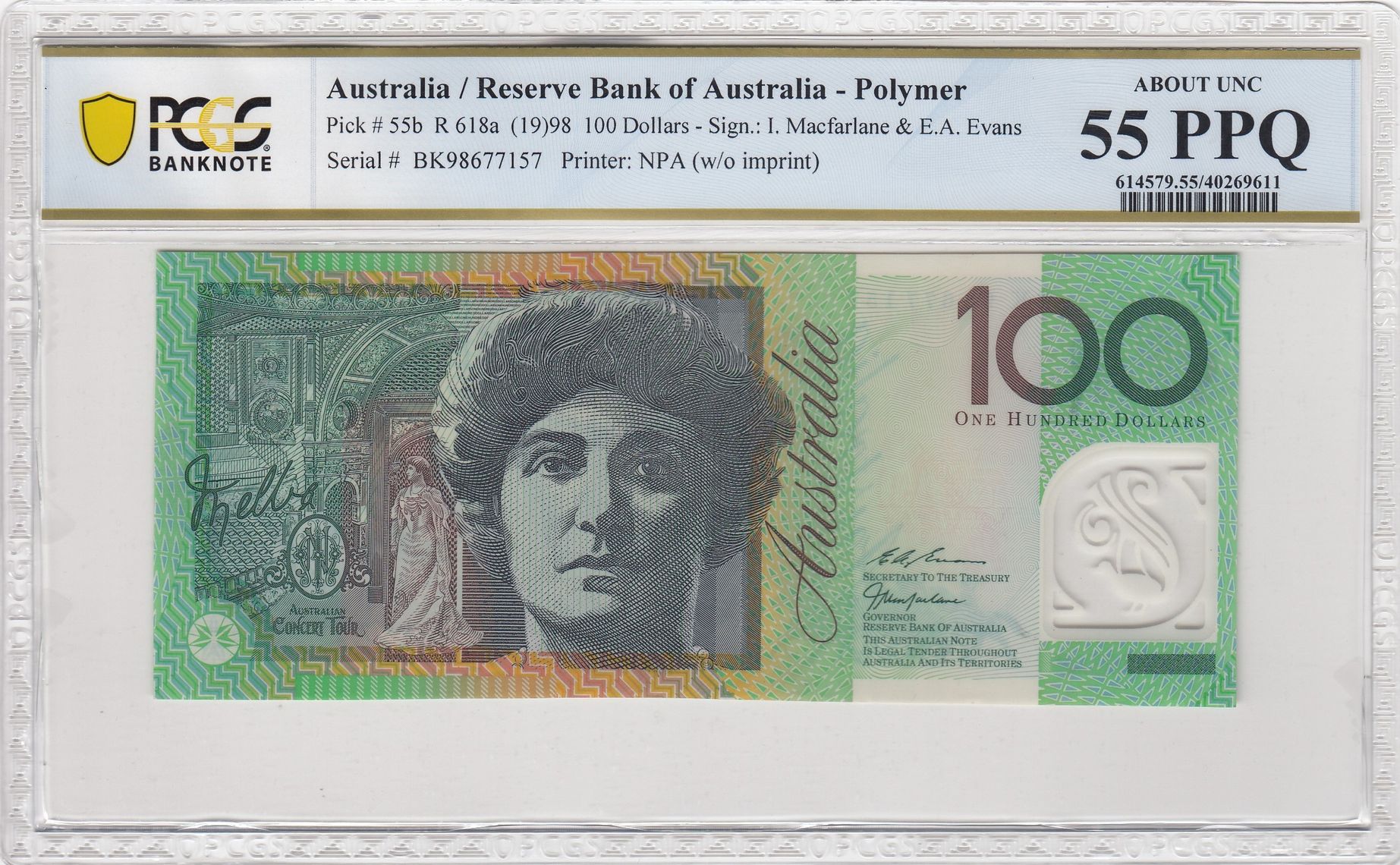 Macfarlane/ Evans, Hundred Dollar, 1998, PCGS About UNC 55 PPQ