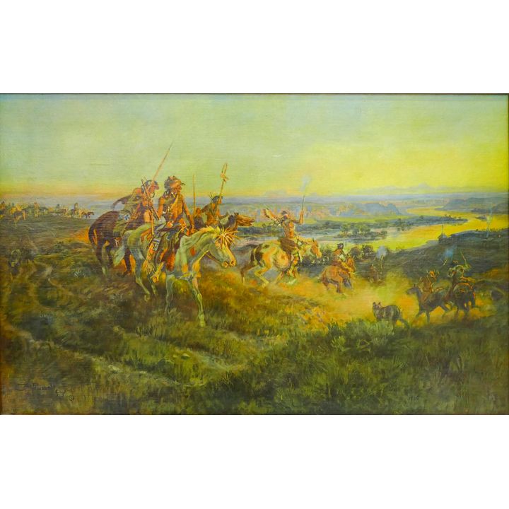 Vintage Charles Russell ''Indian Charge'' Giclee Framed 26.5''x39.5''