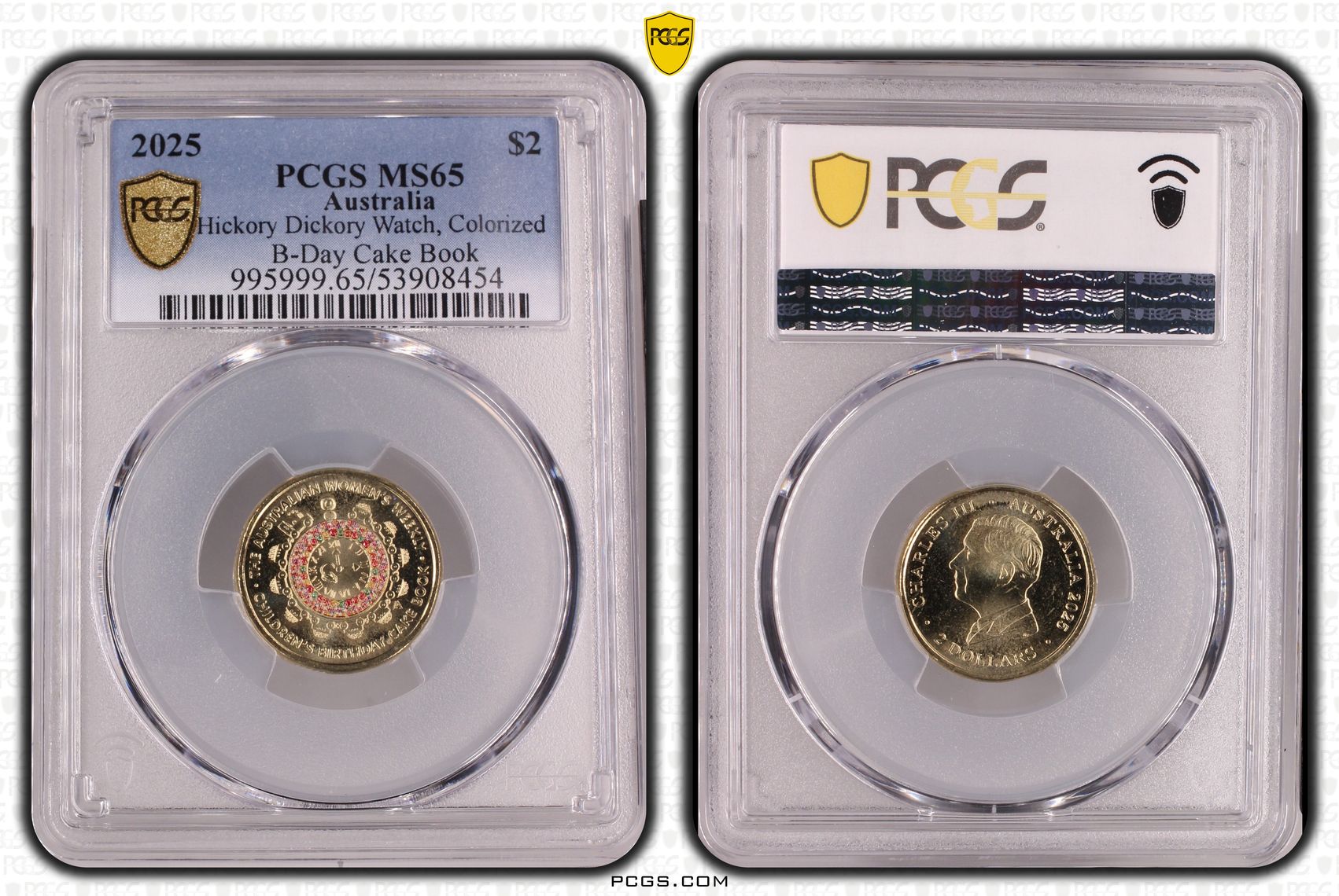 Hickory Dickory Watch, Colourised B-Day Cake Book, Two Dollar, 2025, PCGS MS65