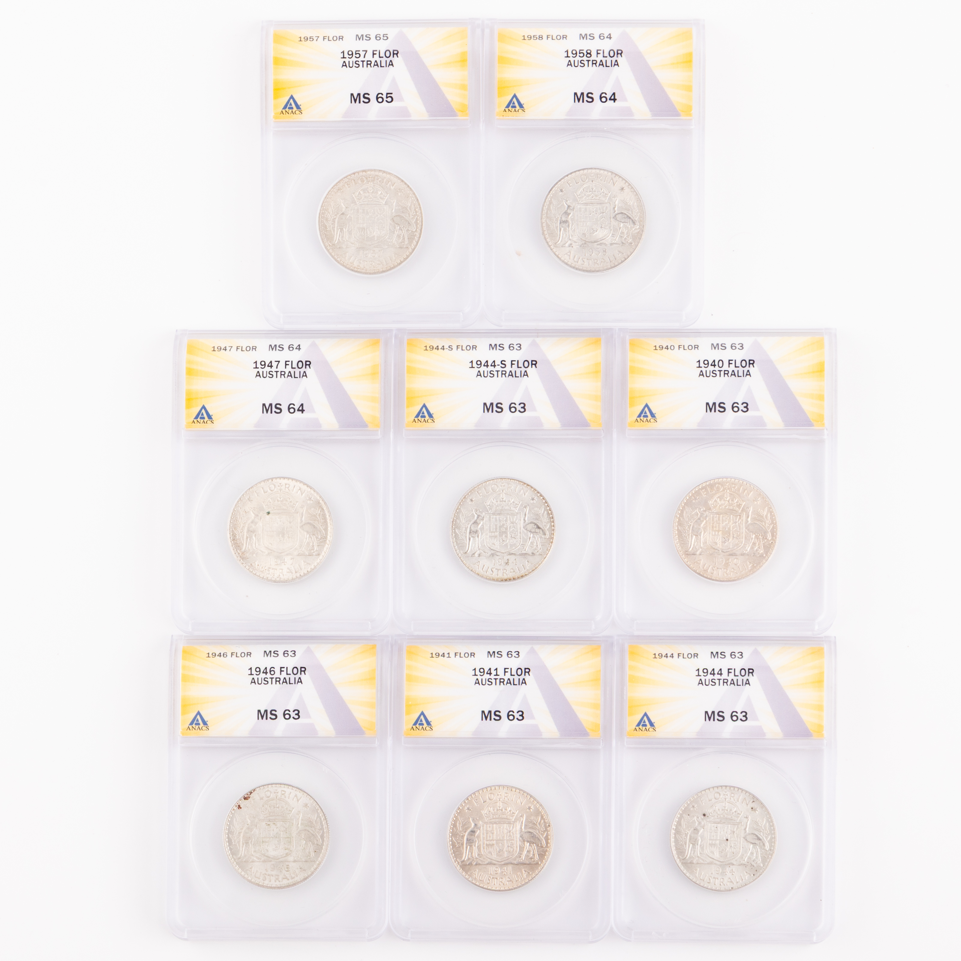 George VI, Florin, 1940 - 1958, ANACS MS 63 - 65