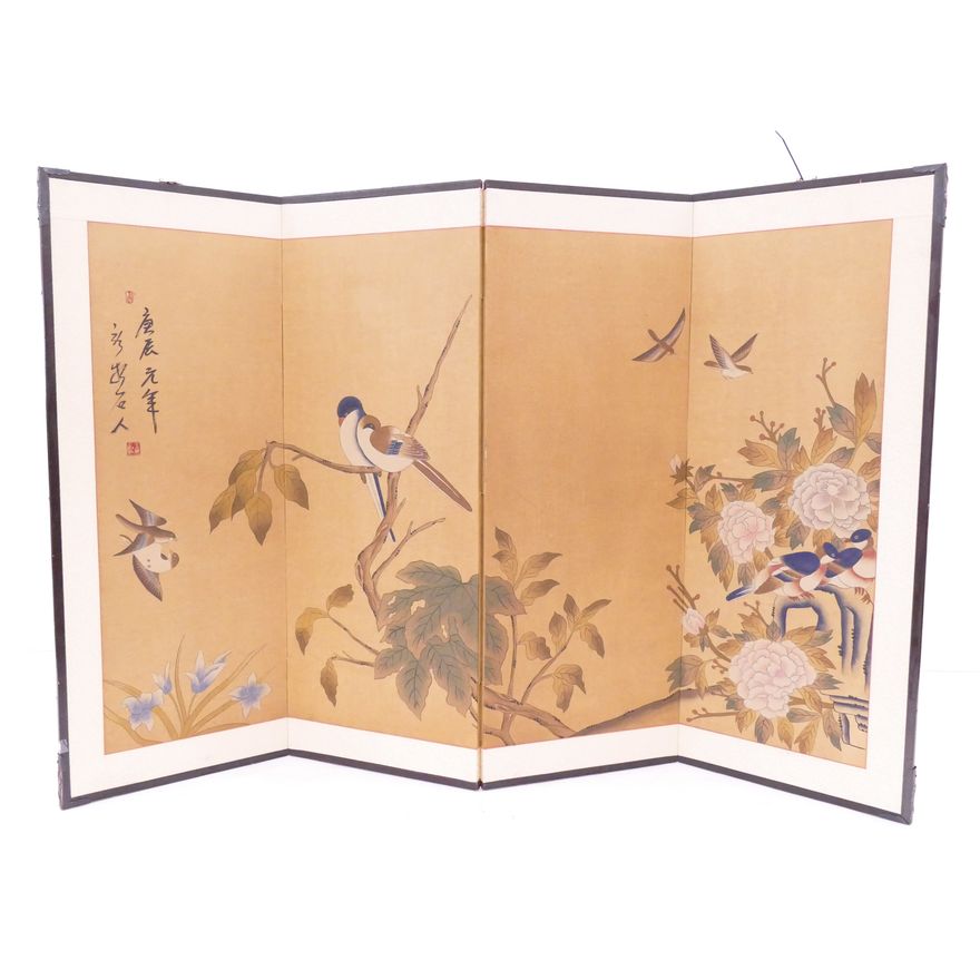 Japanese Painted Birds on Branch & Chrysanthemum 4 Panel Screen- 36x54''