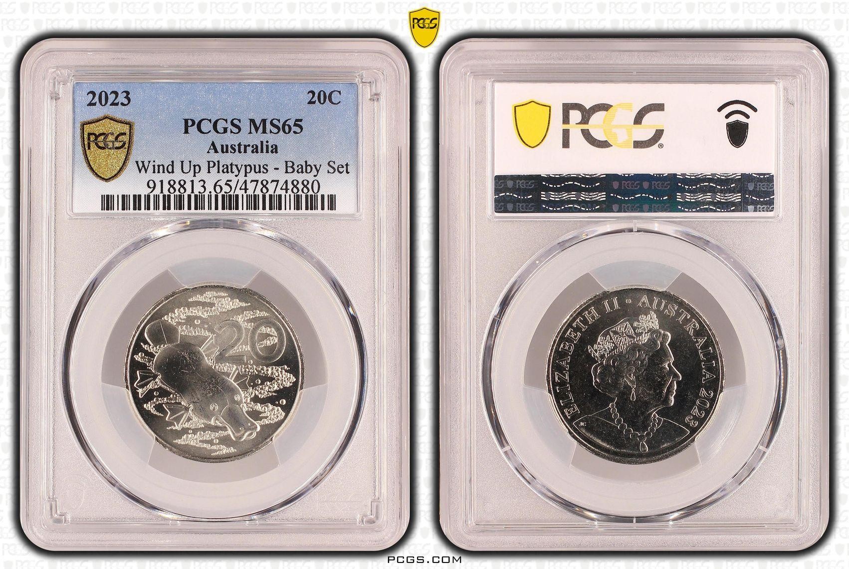 Elizabeth II, Wind Up Platypus - Baby Set, Twenty Cent, 2023, PCGS MS 65