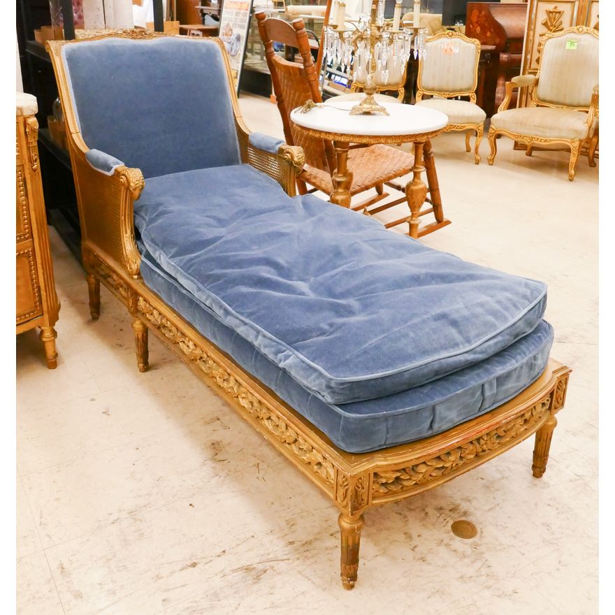French Gilt Carved Blue Mohair Fainting Lounge with Rams Head Arms- 41x76x28''