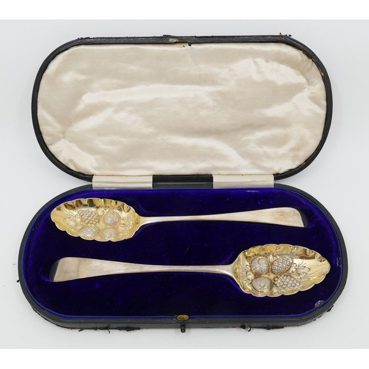 Pair English Georgian Sterling Silver Berry Spoons in Presentation Box