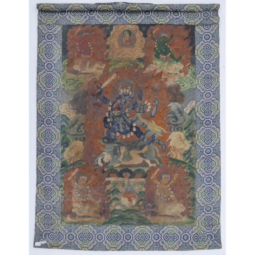 Old Tibetan Painted Yamantaka Thangka Silk Mounted