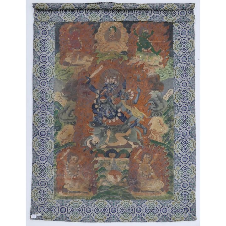 Old Tibetan Painted Yamantaka Thangka Silk Mounted