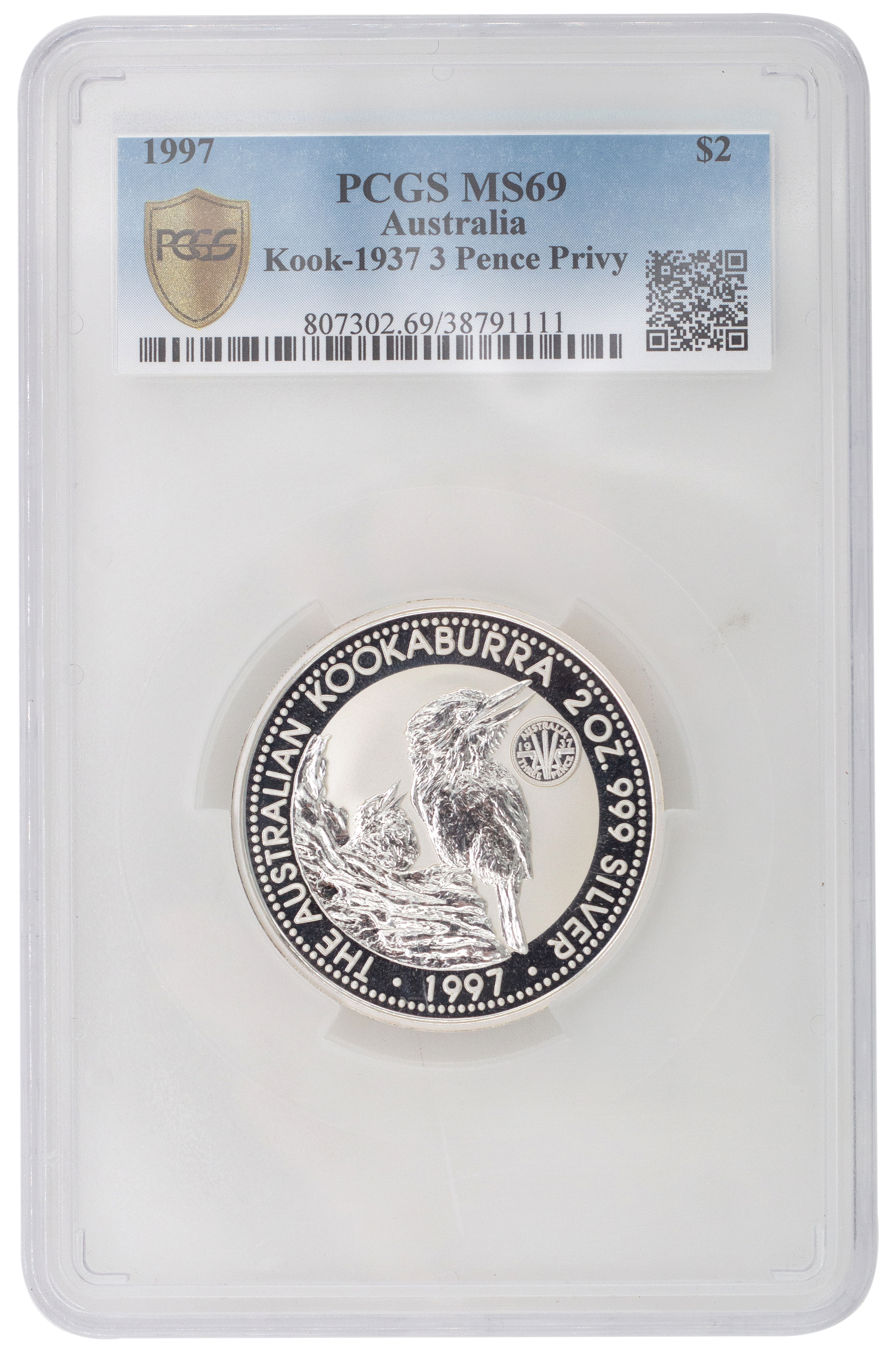 Elizabeth II, 2oz Kookaburra, Two Dollars, 1997, PCGS MS 69
