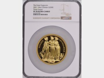 2021 ELIZABETH II THE GREAT ENGRAVERS 'THREE GRACES' GOLD 10oz PROOF 500 POUND COIN PF70 UCAM TOP POP! (50 MINTAGE)