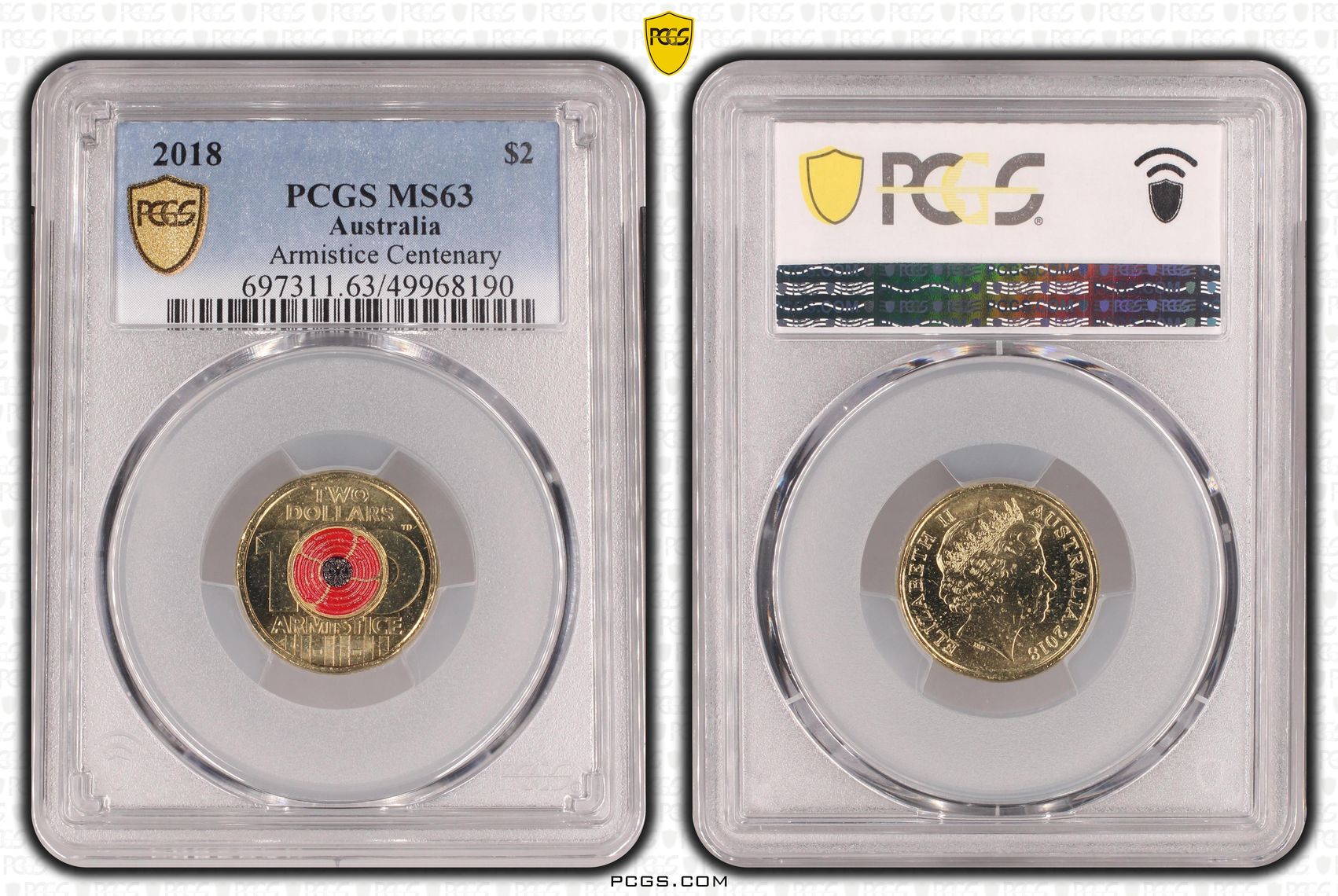 Armistice Centenary Colourised, Two Dollar, 2018, PCGS MS63