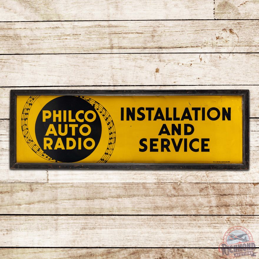 Philco Auto Radio Installation and Service Single Sided Tin Sign w/ Wooden Frame