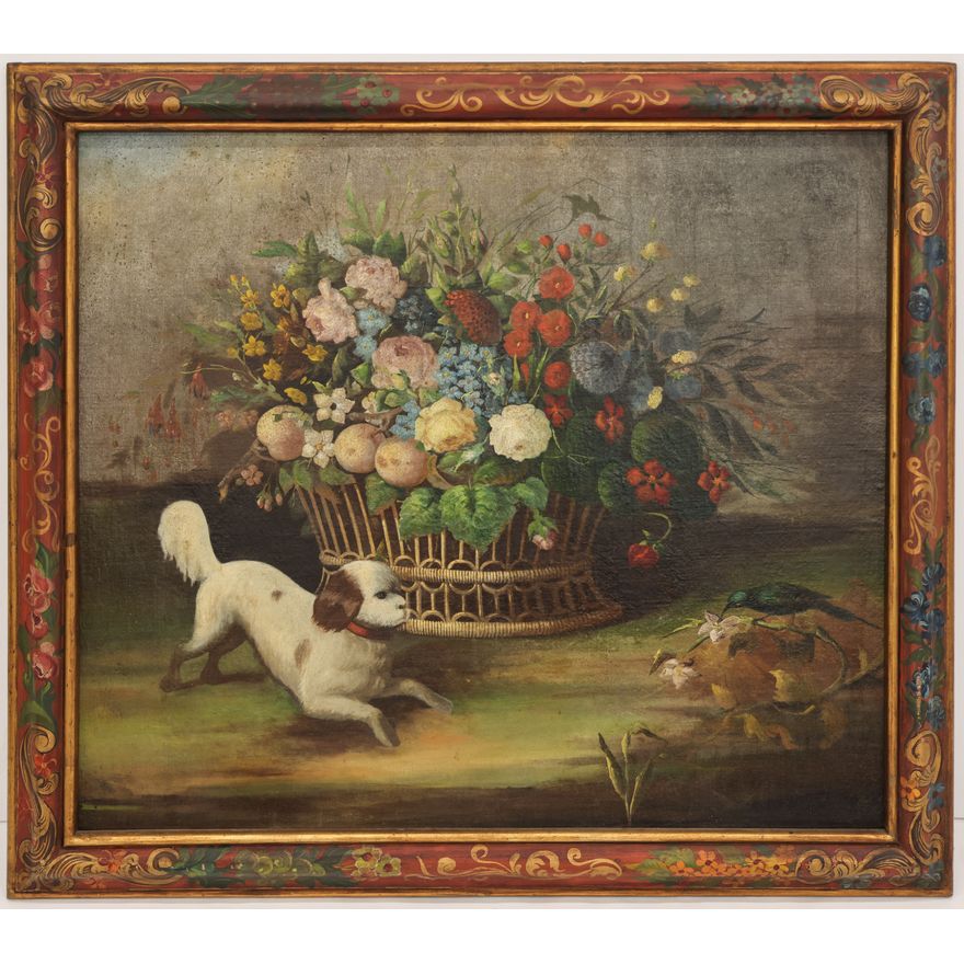 Antique American Primitive Still Life with Dog Oil