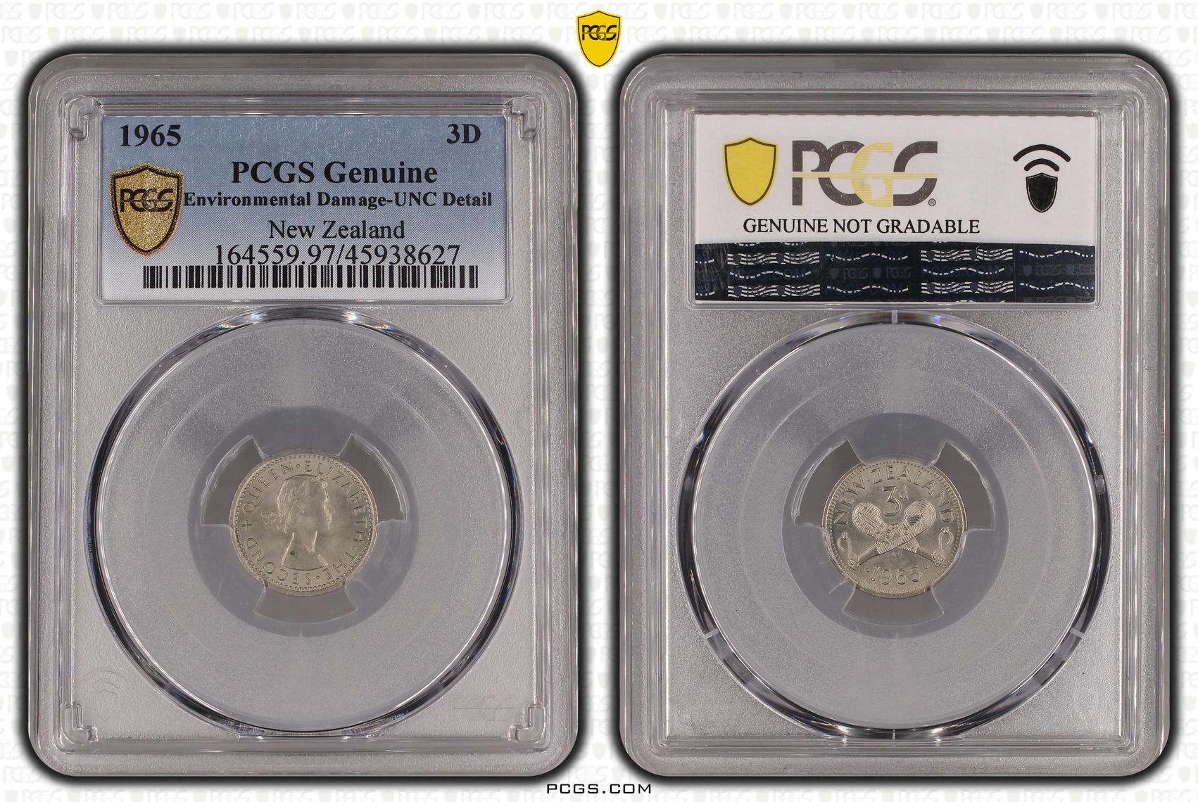 1965 New Zealand Threepence PCGS - Genuine - UNC Details (97 - Environmental Damage) -627