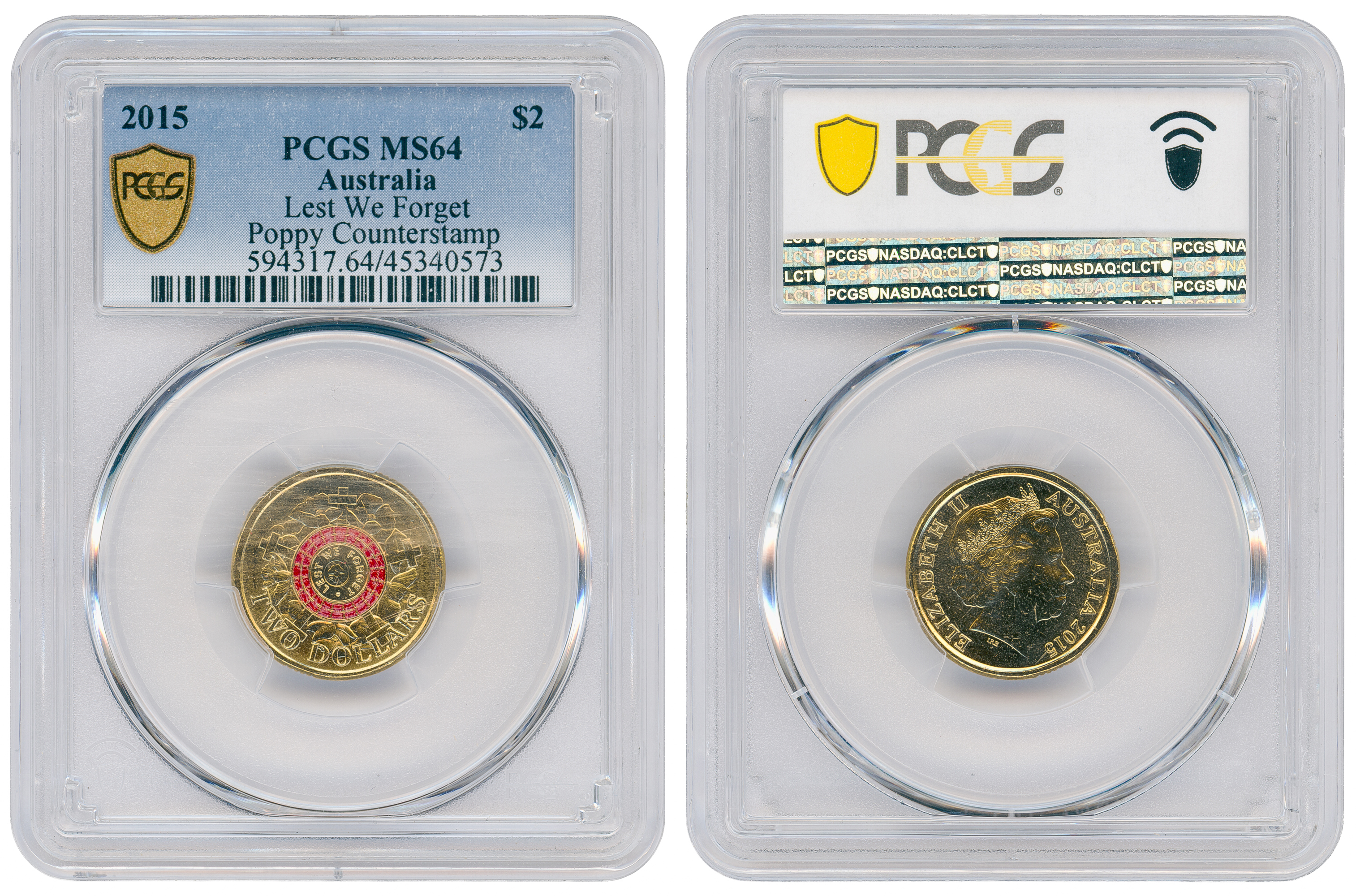 436 · Lest We Forget Colourised Poppy Counterstamp, Two Dollar, 2015, PCGS MS64