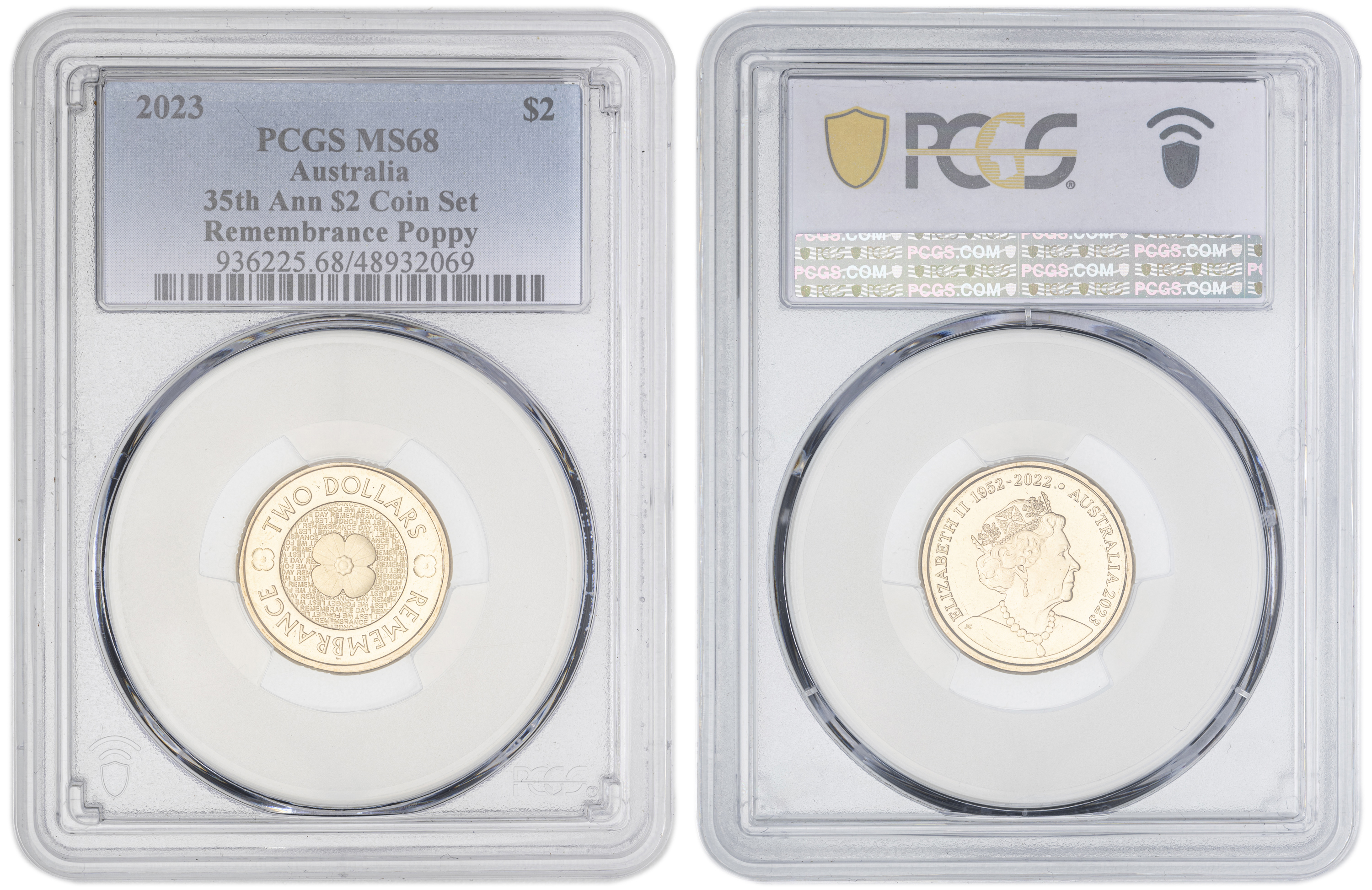 Elizabeth II, 35th Ann $2 Coin Set Remembrance Poppy , Two Dollar, 2023, PCGS MS68