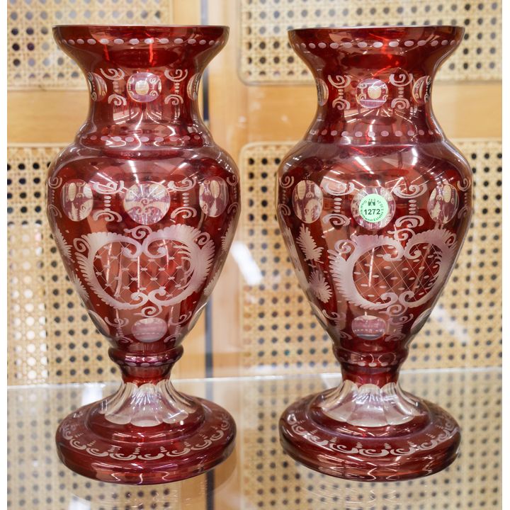 Pair Antique Bohemian Ruby Cut to Clear Glass Vases 12.5''