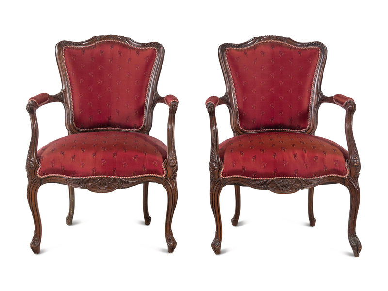 A Pair of Louis XV Style Walnut Fauteuils
