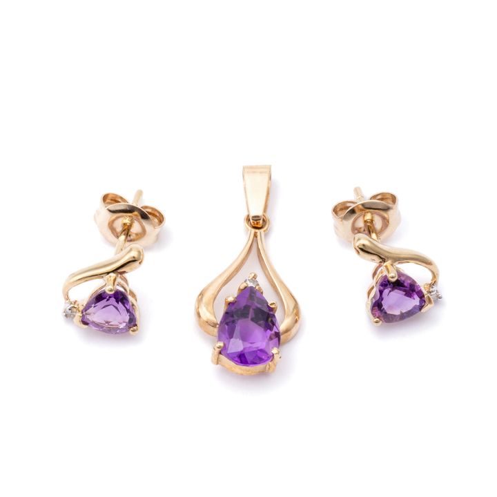 Amethyst & Diamond Earrings & Pendant 9ct Gold,