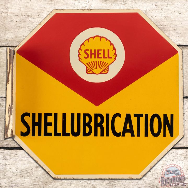 Rare Shell Gasoline Shellubrication DS Porcelain Flange Sign w/ Logo