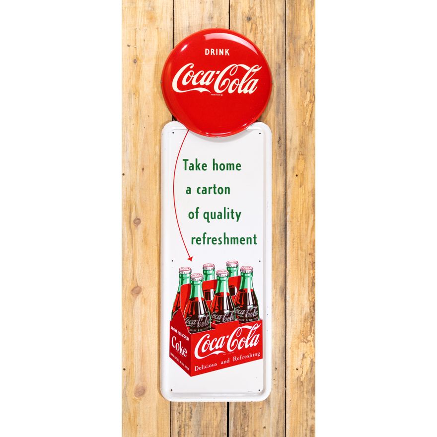 1951 Coca-Cola Pilaster SS Metal Sign w/ Six Pack & Button TAC 9