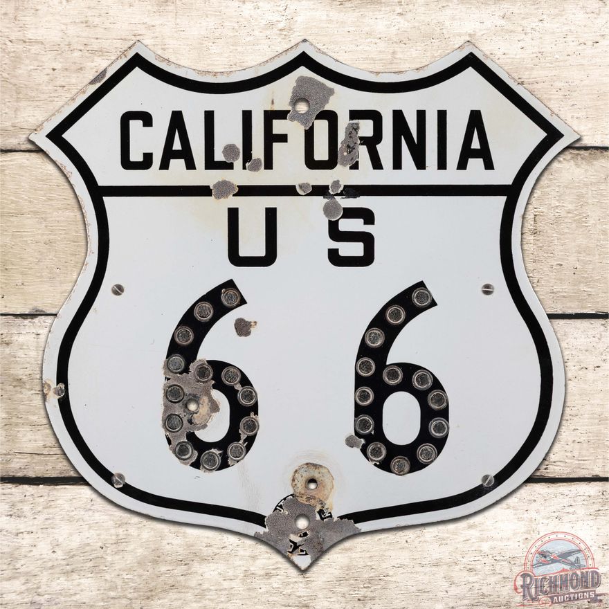 Rare California US Route 66 Single Sided Porcelain Die Cut Sign w/ Reflectors