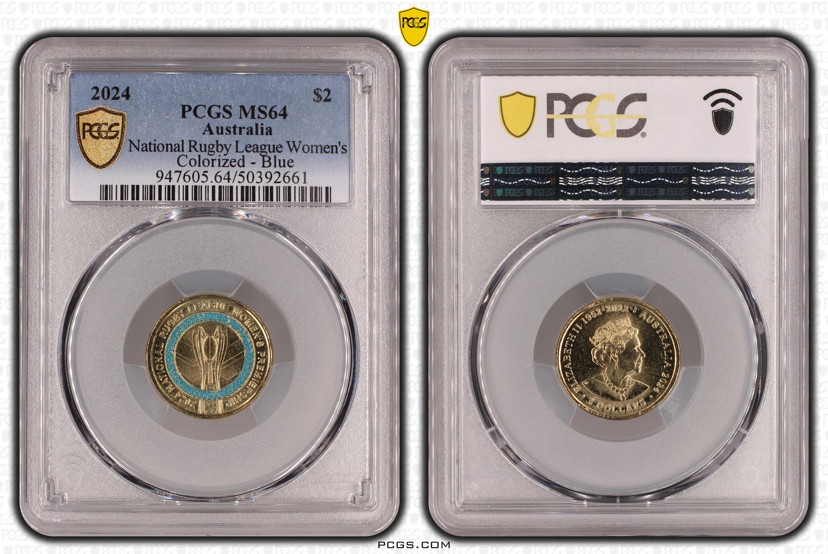 National Rugby League Women's Colorized - Blue, Two Dollar, 2024, PCGS MS64