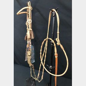 Braided Rawhide Bridle with Old Bit and Show Ribbons