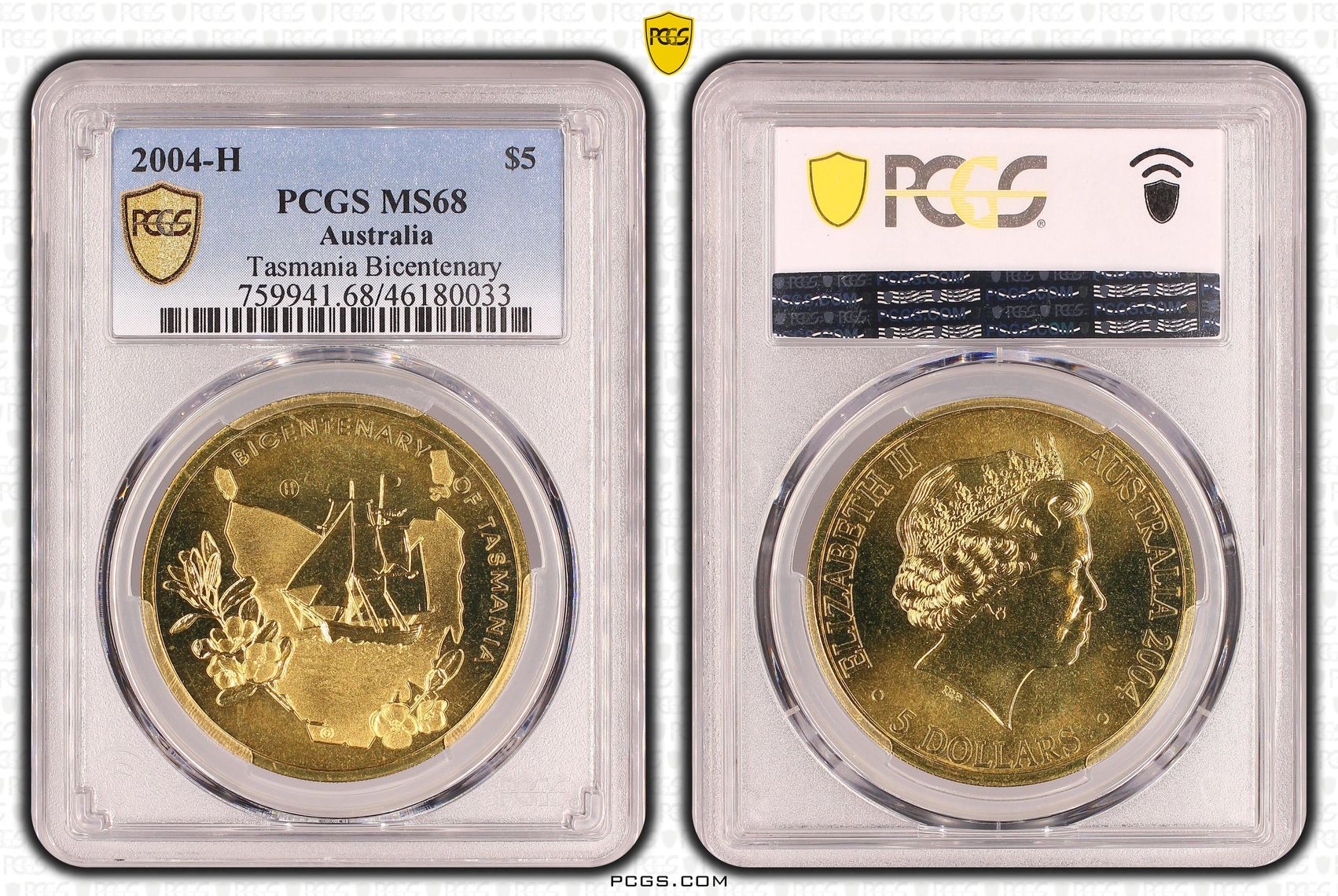 Tasmania Bicentenary Counterstamp, Five Dollar, 2004-H, PCGS MS68