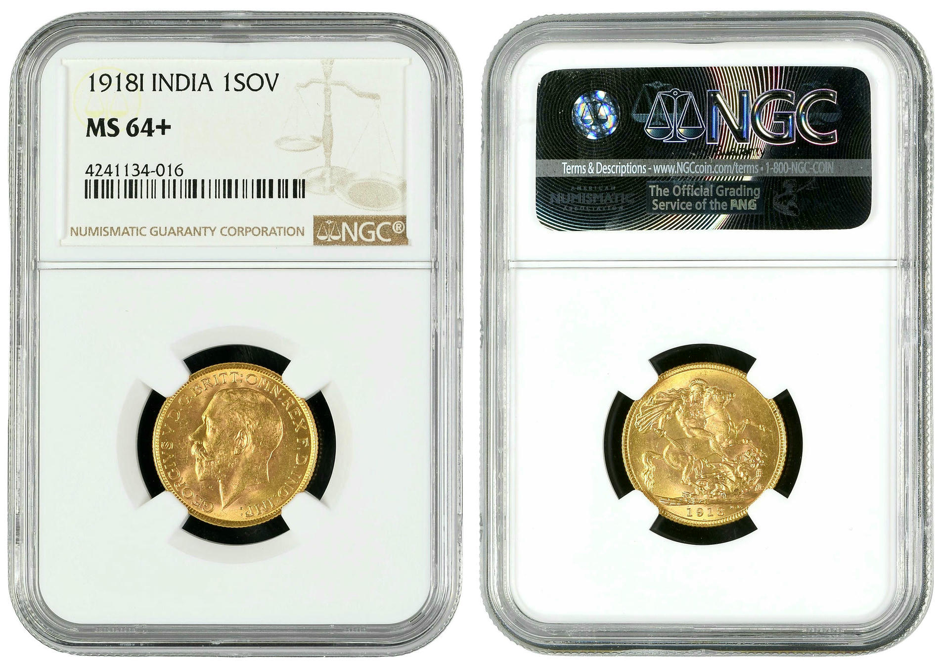 116 · Great Britain, George V, St George Reverse, Sovereign, 1918-I, NGC MS64+
