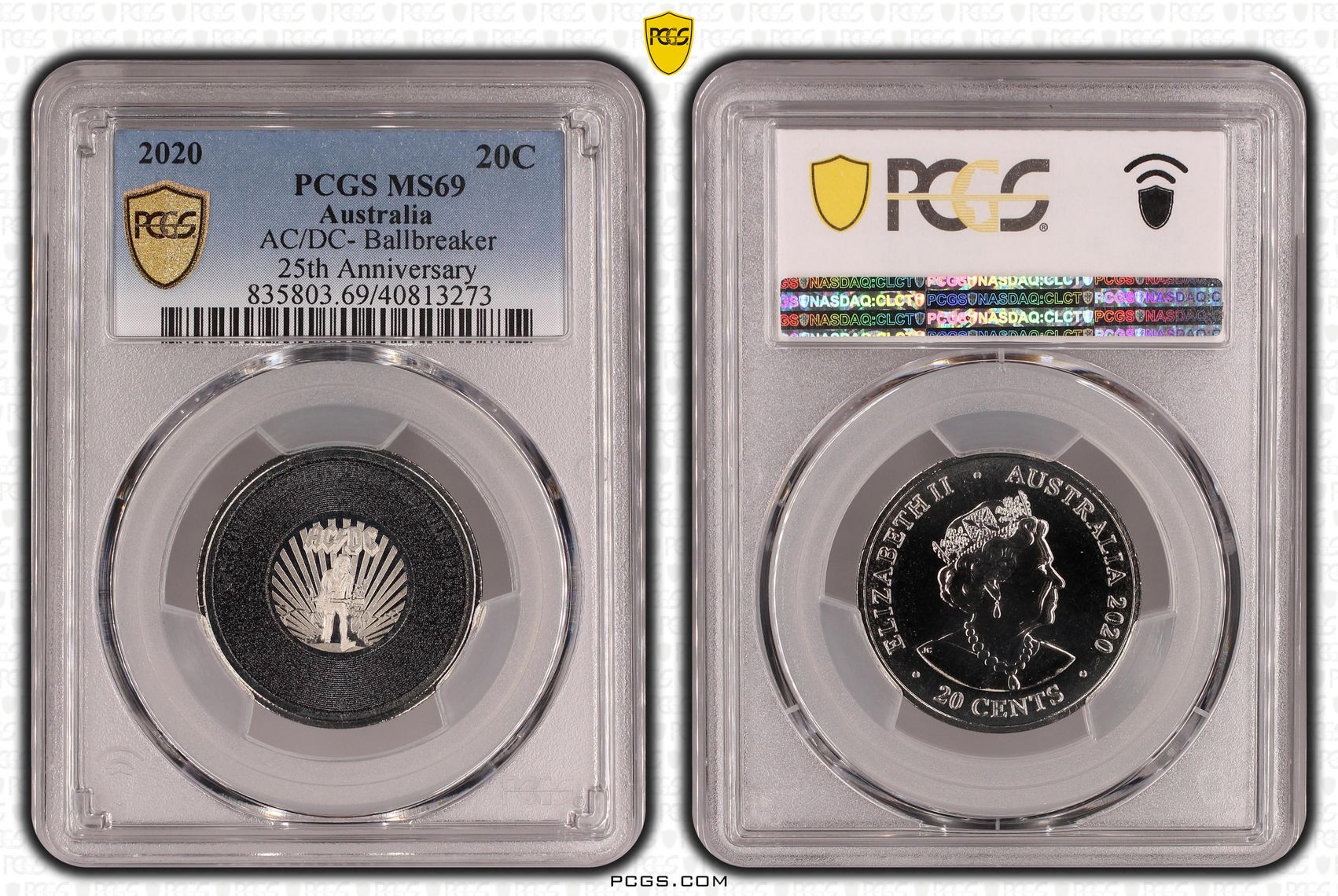 153 · Elizabeth II, AC/DC- Ballbreaker 25th Anniversary  POP 94/0, Twenty Cent, 2020, PCGS MS69
