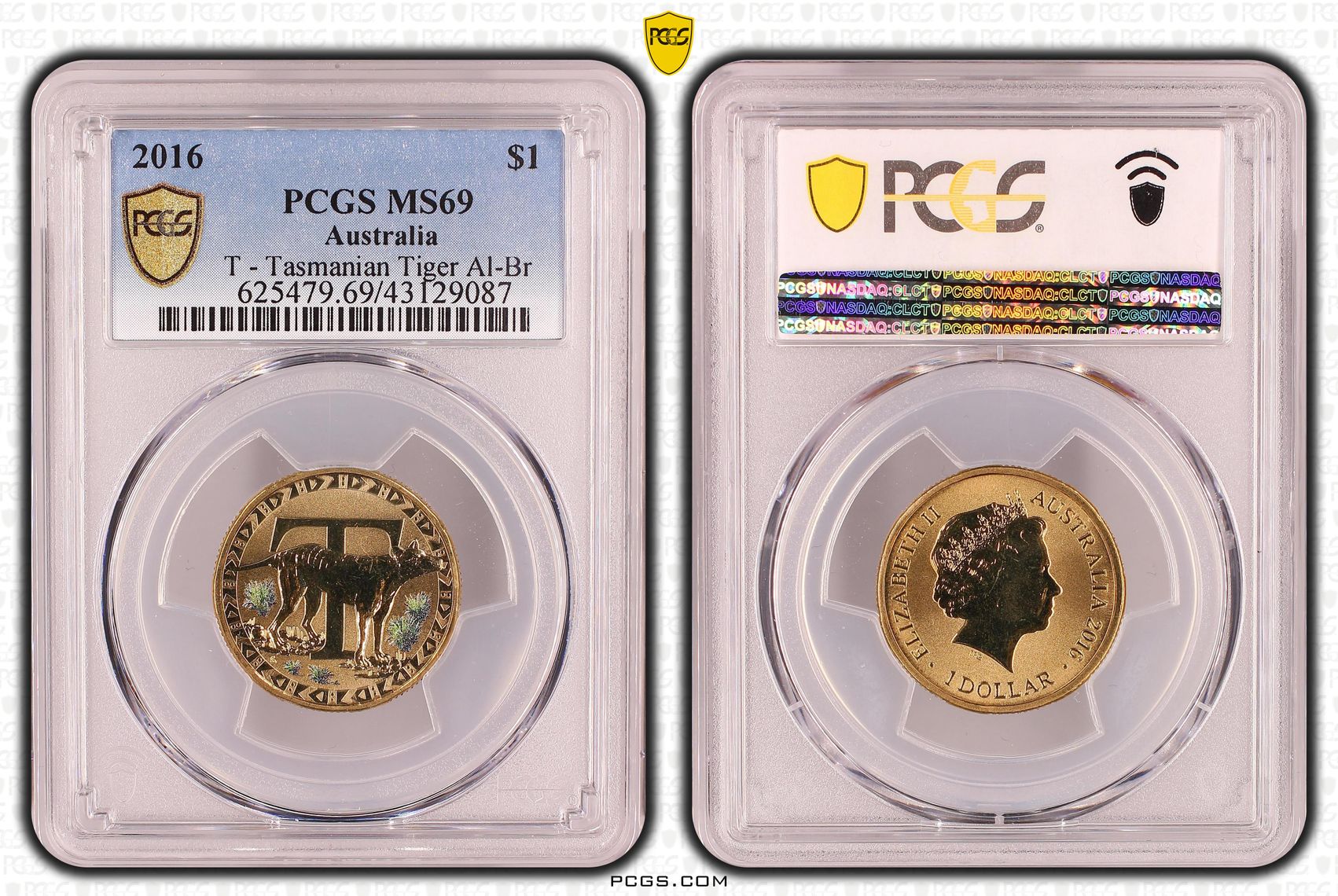 T - Tasmanian Tiger Al-Br, One Dollar, 2016, PCGS MS69
