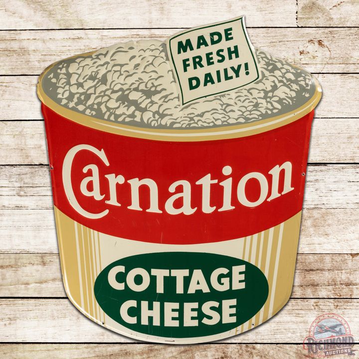 Carnation Cottage Cheese "Made Fresh Daily!" Emb. Die Cut Single Sided Tin Sign