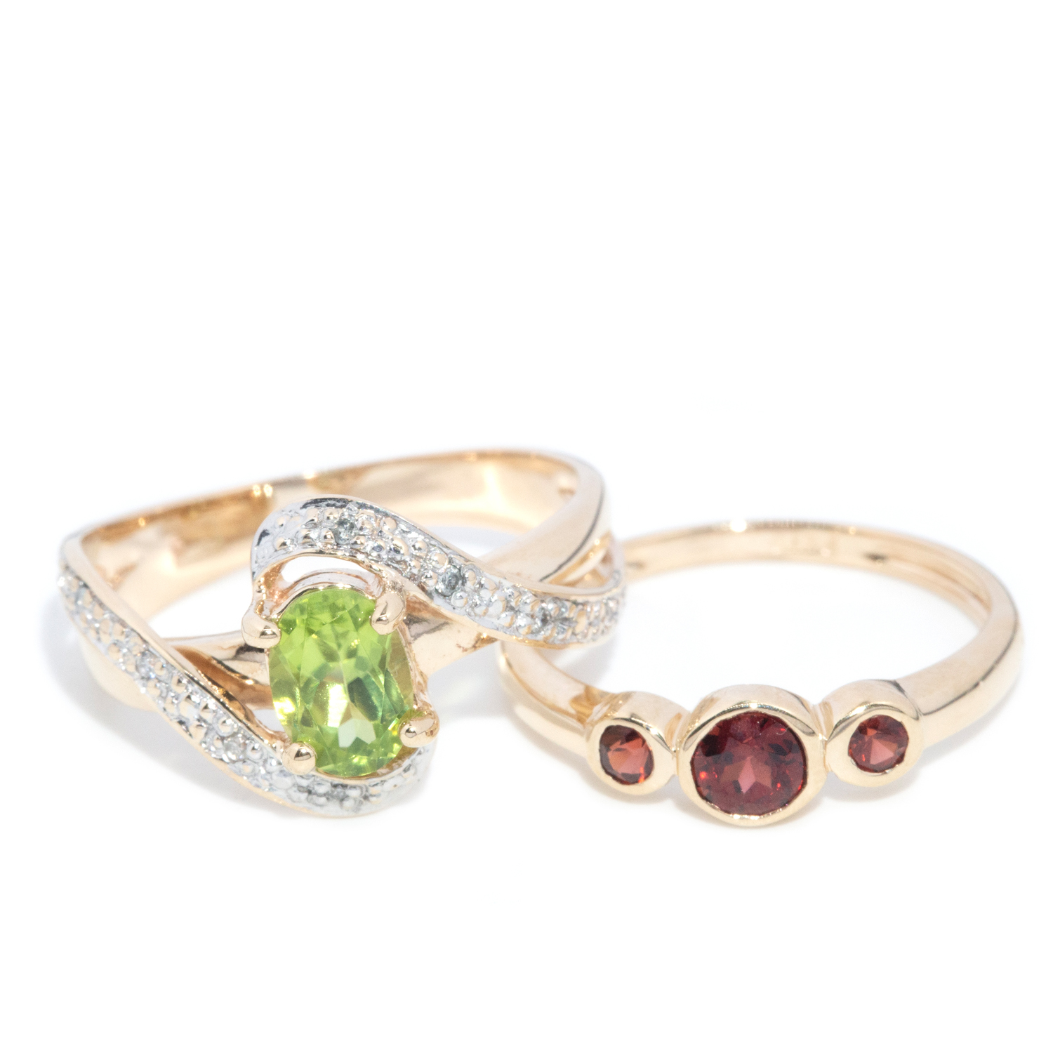 Peridot & Diamond Ring & Trilogy Garnet Ring in 9ct Gold