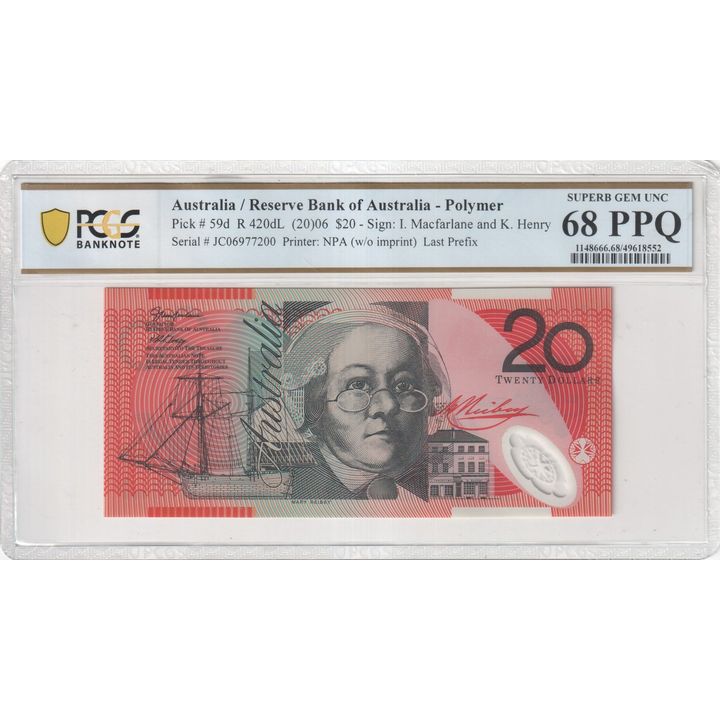 Macfarlane/Henry, Last Prefix, Twenty Dollar, 2006, PCGS Superb Gem UNC 68 PPQ