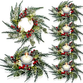 CHRISTMAS CANDLE RINGS ARTIFICIAL RED BERRIES SNOWY PINE NEEDLES GARLAND CANDLE RINGS WREATHS CANDLE RINGS FOR PILLARS RUSTIC WEDD