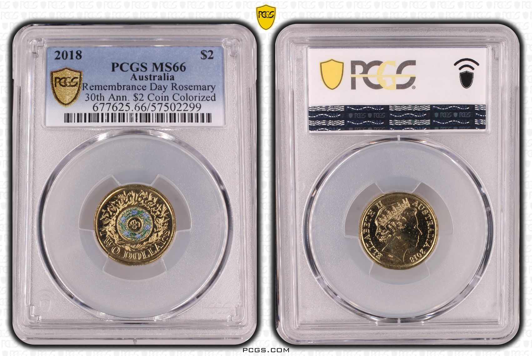 Remembrance Day Rosemary 30th Ann. $2 Coin Colourised, Two Dollar, 2018, PCGS MS66